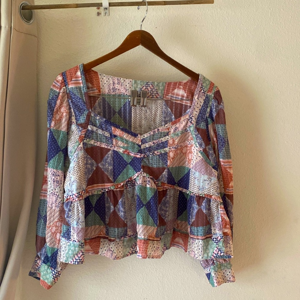 AE patchwork print peplum top